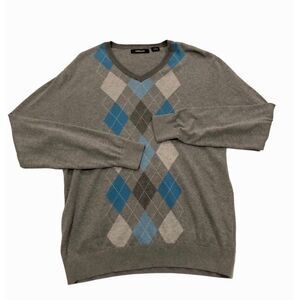 Claiborne Cotton VNT Retro Preppy Chevron Argyle Classic V Neck Sweater M